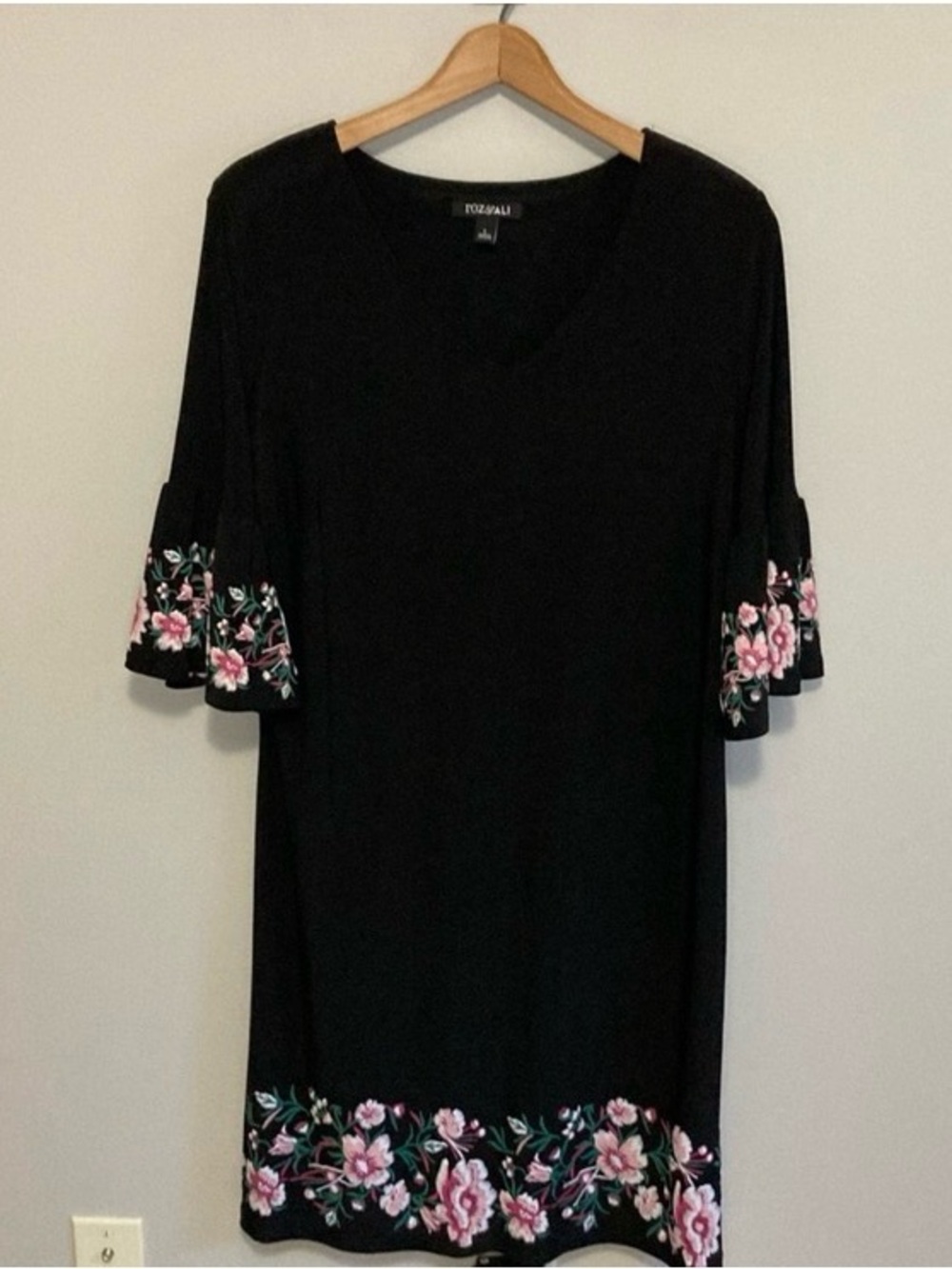 Roz & Ali Black Floral-Trim V-Neck Dress, Women’s Size Large, Pink Flowers - Picture 2 of 10